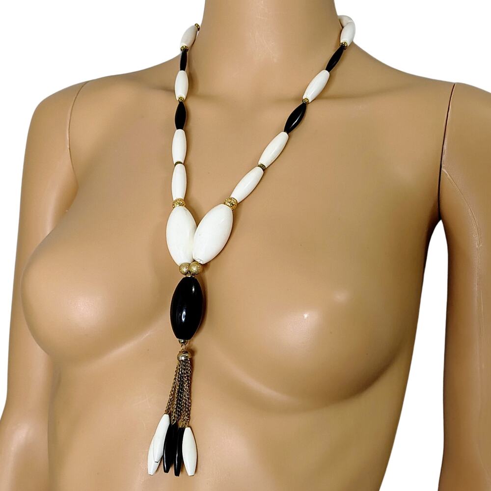 60s Lariat Tie Necklace Black White Oblong Beads Gold Tone Spacers Chain Vintage
